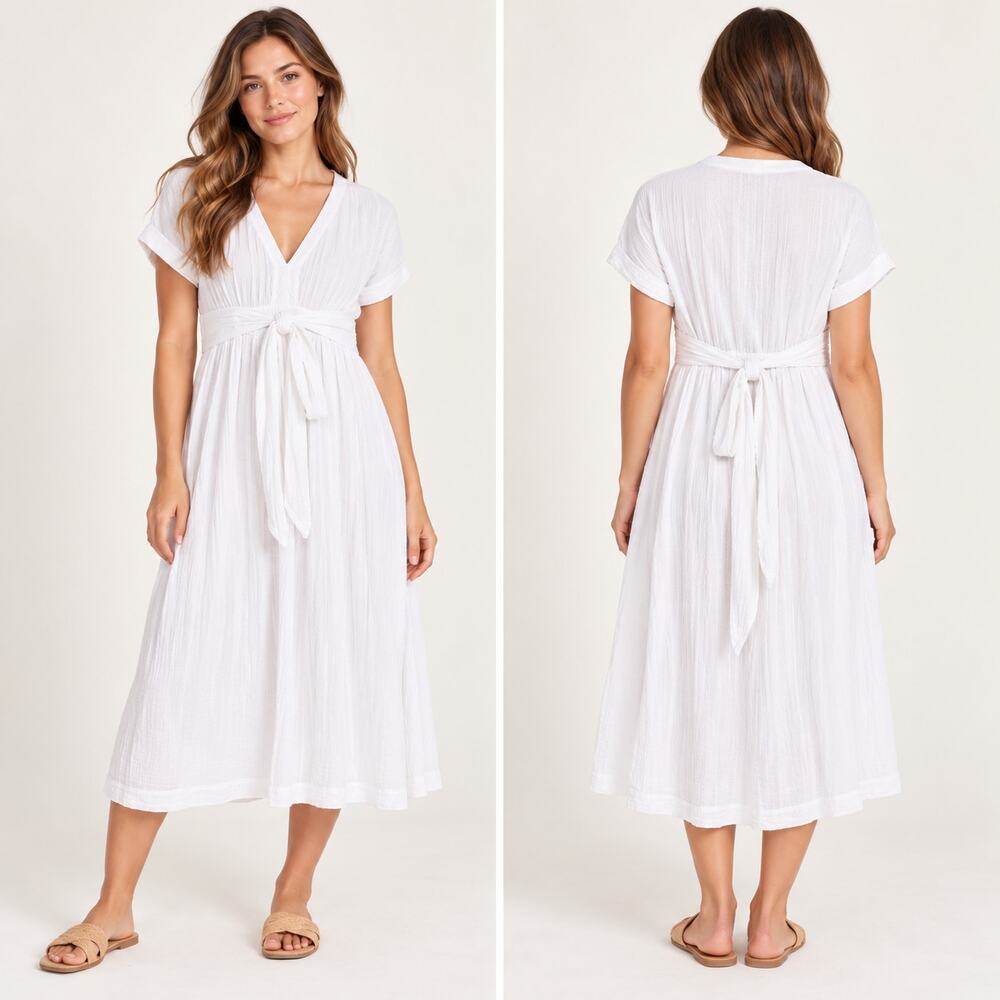 HATCH The Rosa Dress Size 3/L White 100% Cotton Gauze Midi Tie Waist